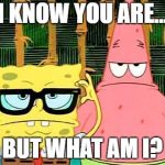 Badass Spongebob and Patrick | I KNOW YOU ARE... BUT WHAT AM I? | image tagged in badass spongebob and patrick | made w/ Imgflip meme maker