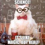 Science Cat | SCIENCE! IT'S LIKE MAGIC, BUT REAL! | image tagged in science cat | made w/ Imgflip meme maker
