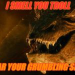It seems the troll population is on the rise | I SMELL YOU TROLL; I HEAR YOUR GRUMBLING SPIRIT | image tagged in smug the dragon | made w/ Imgflip meme maker