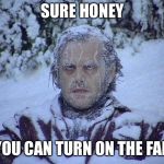 Jack Nicholson The Shining Snow | SURE HONEY; YOU CAN TURN ON THE FAN | image tagged in memes,jack nicholson the shining snow | made w/ Imgflip meme maker