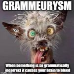 crazy chiwawa | GRAMMEURYSM; rcl; When something is so grammatically incorrect it causes your brain to bleed | image tagged in crazy chiwawa | made w/ Imgflip meme maker