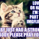 Need Prayers And Spells Please | LOVE ME OR HATE ME I'M STILL PART OF THE IMGFLIP FAMILY; HUBBY JUST HAD A STROKE.  EVERYBODY PLEASE PRAY FOR HIM | image tagged in praying cat,stroke,husband,praying,pray,memes | made w/ Imgflip meme maker