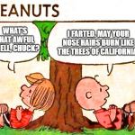 Peanuts Charlie Brown Peppermint Patty | I FARTED. MAY YOUR NOSE HAIRS BURN LIKE THE TREES OF CALIFORNIA. WHAT'S THAT AWFUL SMELL, CHUCK? | image tagged in peanuts charlie brown peppermint patty,fart,fart jokes,california fires,peanuts,charlie brown | made w/ Imgflip meme maker