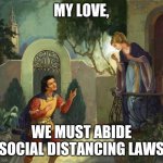 Romeo and Juliet Balcony Scene  | MY LOVE, WE MUST ABIDE SOCIAL DISTANCING LAWS | image tagged in romeo and juliet balcony scene,coronavirus,covid-19,social distancing | made w/ Imgflip meme maker
