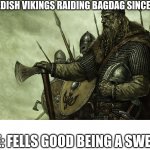 fells good being a swede | SWEDISH VIKINGS RAIDING BAGDAG SINCE 613; ME: FELLS GOOD BEING A SWEDE | image tagged in viking,sweden,bagdag | made w/ Imgflip meme maker