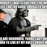 Super Strict Space Dad | I THOUGHT I WAS CLEAR THAT YOU WERE TO NOT SEE THAT NO GOOD SMUGGLER ANYMORE? YOU ARE GROUNDED, YOUNG LADY, UNTIL YOU LEARN TO LIVE BY MY RULES UNDER MY ROOF | image tagged in darth vader leia | made w/ Imgflip meme maker