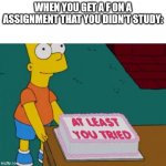 At least you tried Bart  | WHEN YOU GET A F ON A ASSIGNMENT THAT YOU DIDN'T STUDY: | image tagged in at least you tried bart | made w/ Imgflip meme maker