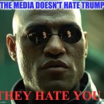 Morpheus  | THE MEDIA DOESN'T HATE TRUMP; THEY HATE YOU ! | image tagged in morpheus | made w/ Imgflip meme maker