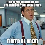 That'd Be Great | YEAH, IF YOU TURNED OFF THE CAT FILTER ON YOUR ZOOM CALLS, THAT'D BE GREAT | image tagged in that'd be great | made w/ Imgflip meme maker
