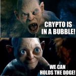 It holds | CRYPTO IS IN A BUBBLE! WE CAN HOLDS THE DOGE! | image tagged in gollum-smeagol | made w/ Imgflip meme maker