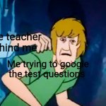 Feels presence | The teacher behind me; Me trying to google the test questions | image tagged in shaggy meme | made w/ Imgflip meme maker