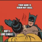 batman slapping robin no bubbles | YOUR NAME IS ROBIN NOT EAGLE. BUT I LIKE EAGLE. | image tagged in batman slapping robin no bubbles | made w/ Imgflip meme maker