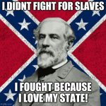 Robert E Lee | I DIDNT FIGHT FOR SLAVES; I FOUGHT BECAUSE I LOVE MY STATE! | image tagged in robert e lee | made w/ Imgflip meme maker