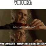After all.. why not? | YOUTUBE: WHY SHOULDN’T I REMOVE THE DISLIKE BUTTON? | image tagged in after all why not | made w/ Imgflip meme maker