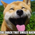 Smiling Dog | THE SNACK THAT SMILES BACK | image tagged in smiling dog | made w/ Imgflip meme maker