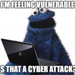 Cyber Attack | I'M FEELING VULNERABLE; IS THAT A CYBER ATTACK? | image tagged in cookie monster computer | made w/ Imgflip meme maker
