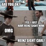 Heinz sight | I ACCIDENTALLY RUBBED KETCHUP INTO MY EYES TODAY; ARE YOU OK? YES. I JUST HAVE HEINZ SIGHT NOW. OMG; HEINZ SIGHT CARL! GO AWAY | image tagged in memes,rick and carl 3 | made w/ Imgflip meme maker
