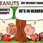 Snoopy is dead | BUT WITHOUT SNOOPY; WHERE'S SNOOPY; HE'S IN HEAVEN | image tagged in peanuts charlie brown peppermint patty | made w/ Imgflip meme maker