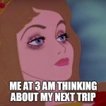 Traveller life | ME AT 3 AM THINKING ABOUT MY NEXT TRIP | image tagged in sleeping beauty | made w/ Imgflip meme maker