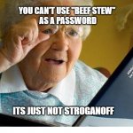old lady at computer | YOU CAN'T USE "BEEF STEW" 
AS A PASSWORD; MEMEs by Dan Campbell; ITS JUST NOT STROGANOFF | image tagged in old lady at computer | made w/ Imgflip meme maker