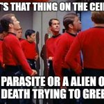 red shirts meet their fate | WHAT'S THAT THING ON THE CEILING; A PARASITE OR A ALIEN OR IS IT DEATH TRYING TO GREET US | image tagged in star trek red shirts | made w/ Imgflip meme maker