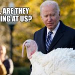 Confused Joe “talking turkey” to Jill | JILL, ARE THEY LOOKING AT US? | image tagged in biden talking turkey,confused joe,jill,biden,funny,funny meme | made w/ Imgflip meme maker