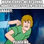 The new spinoff ruined the characters | WARNER BROS: WE'RE GONNA CHANGE SHAGGY'S SKIN COLOUR; SHAGGY:; PLEASE NO | image tagged in shaggy meme,shaggy,scooby doo,warner bros,n word | made w/ Imgflip meme maker