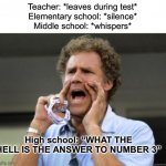 This happens all the time lmao | Teacher: *leaves during test*
Elementary school: *silence*
Middle school: *whispers*; High school: “WHAT THE HELL IS THE ANSWER TO NUMBER 3” | image tagged in yelling,memes,funny,true story,relatable memes,high school | made w/ Imgflip meme maker