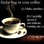 You find a bug in your coffee | You find a bug in your coffee:; A) Make another cup; B) Carefully spoon it out without wasting any coffee; C) Extra protein | image tagged in coffee lust | made w/ Imgflip meme maker