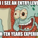 Exhausted Squidward | WHEN I SEE AN ENTRY LEVEL JOB; WITH TEN YEARS EXPERIENCE | image tagged in exhausted squidward | made w/ Imgflip meme maker