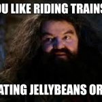 Hagrid to Harry | SO YOU LIKE RIDING TRAINS AND; EATING JELLYBEANS OR? | image tagged in hagrid yer a wizard,harry potter,hagrid,you're a wizard harry,muggles,wizard | made w/ Imgflip meme maker