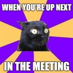 Up next in the meeting | WHEN YOU'RE UP NEXT; IN THE MEETING | image tagged in anxiety cat,meeting,meeting room,jour fixe,funny memes | made w/ Imgflip meme maker