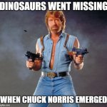 Chuck Norris Facts | DINOSAURS WENT MISSING; WHEN CHUCK NORRIS EMERGED | image tagged in memes,chuck norris guns,chuck norris | made w/ Imgflip meme maker