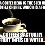 Mmmm...Coffee. | A COFFEE BEAN IS THE SEED OF A COFFEE CHERRY, WHICH IS A FRUIT. COFFEE IS ACTUALLY FRUIT INFUSED WATER... | image tagged in coffee addict | made w/ Imgflip meme maker