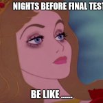nights before final tests | NIGHTS BEFORE FINAL TESTS; BE LIKE ...... | image tagged in sleeping beauty | made w/ Imgflip meme maker