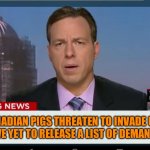 cnn breaking news template | WILD CANADIAN PIGS THREATEN TO INVADE U.S.
THEY HAVE YET TO RELEASE A LIST OF DEMANDS | image tagged in cnn breaking news template | made w/ Imgflip meme maker
