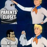 True | PARENTS' CLOSET; MY MISSING SOCKS | image tagged in scooby doo mask reveal | made w/ Imgflip meme maker