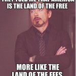 Face You Make Robert Downey Jr Meme | THEY TOLD ME THAT AMERICA IS THE LAND OF THE FREE; MORE LIKE THE LAND OF THE FEES | image tagged in memes,face you make robert downey jr | made w/ Imgflip meme maker
