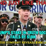 Trump’s Stake In Truth Social Falls By $1bn | AND JUST LIKE THAT... TRUMP'S STAKE IN TRUTH SOCIAL
FALLS BY $1BN; AFTER COMPANY REVEALS $58M LOSS | image tagged in forest gump jenny,trump is a moron,donald trump is an idiot,trump is an asshole,mcdonalds,president trump | made w/ Imgflip meme maker