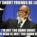 Short people be like | MY SHORT FRIENDS BE LIKE:; I'M NOT TOO DAMN SHORT. YOUR HEAD IS JUST TOO DAMN HIGH! | image tagged in memes,too damn high | made w/ Imgflip meme maker