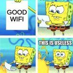 Schools be like | THE SCHOOL; GOOD WIFI; THIS IS USELESS | image tagged in spongebob burning paper | made w/ Imgflip meme maker
