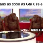 where monkey | Gta fans as soon as Gta 6 releases:; WHERE GTA 7 | image tagged in where monkey | made w/ Imgflip meme maker