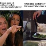 Woman Yelling At Cat | MTG:  The Iron Dome is made out of space lasers and Israel needs to give us some to protect our southern border! Which state elected you?  That's the border that we need to be closing! | image tagged in memes,woman yelling at cat | made w/ Imgflip meme maker