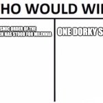 Who Would Win? | THE COSMIC ORDER OF THE UNIVERSE WHICH HAS STOOD FOR MILENNIA; ONE DORKY SNEK BOI | image tagged in memes,who would win,hazbin hotel | made w/ Imgflip meme maker