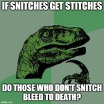 Philosoraptor on snitches and stitches | IF SNITCHES GET STITCHES; DO THOSE WHO DON'T SNITCH
BLEED TO DEATH? | image tagged in memes,philosoraptor,snitches get stitches,bleeding,death | made w/ Imgflip meme maker