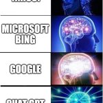 Different web browsers | YAHOO! MICROSOFT BING; GOOGLE; CHAT GPT | image tagged in memes,expanding brain | made w/ Imgflip meme maker