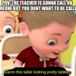 FRFR | POV: THE TEACHER IS GONNA CALL ON SOMEONE BUT YOU DONT WANT TO BE CALLED:; Damn this table looking pretty tabley | image tagged in well frick,table,damn,oh well | made w/ Imgflip meme maker