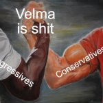One way to achieve world peace | Velma is shit; Conservatives; Progressives | image tagged in memes,epic handshake,political meme,political,liberal vs conservative | made w/ Imgflip meme maker