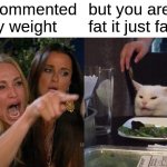 Woman Yelling At Cat | you commented on my weight; but you are fat it just facts | image tagged in memes,woman yelling at cat | made w/ Imgflip meme maker