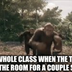 Can we all please not break the han-..... YOUR ALL GOING TO DETENTION!!! | YOUR WHOLE CLASS WHEN THE TEACHER LEAVES THE ROOM FOR A COUPLE SECONDS | image tagged in gifs,monkey,dancing,jungle | made w/ Imgflip video-to-gif maker